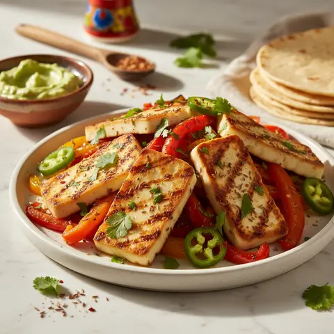 Halloumi grillé à la mexicaine avec poivrons et jalapeños