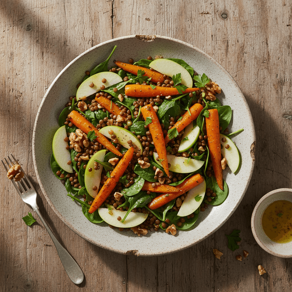 Salade composée chaude aux lentilles et pommes