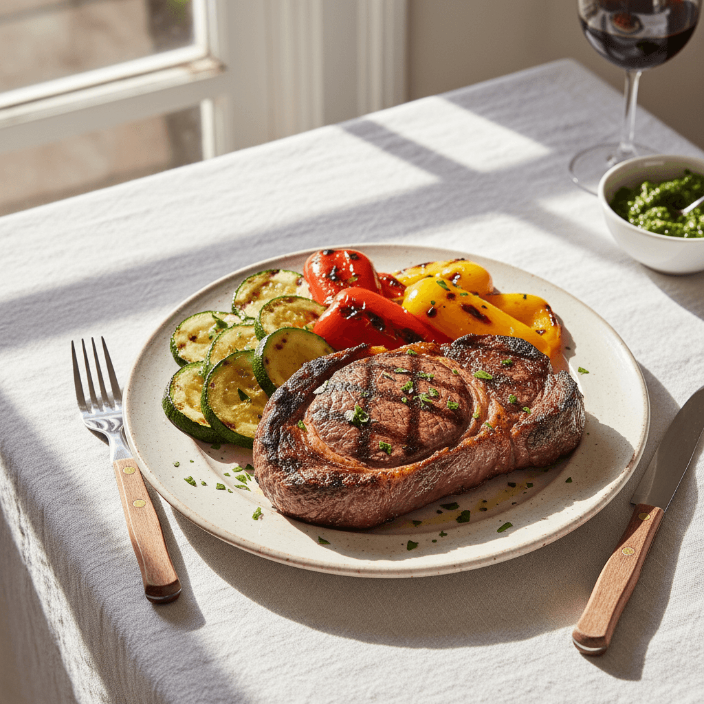 Entrecote grillee aux courgettes et poivrons