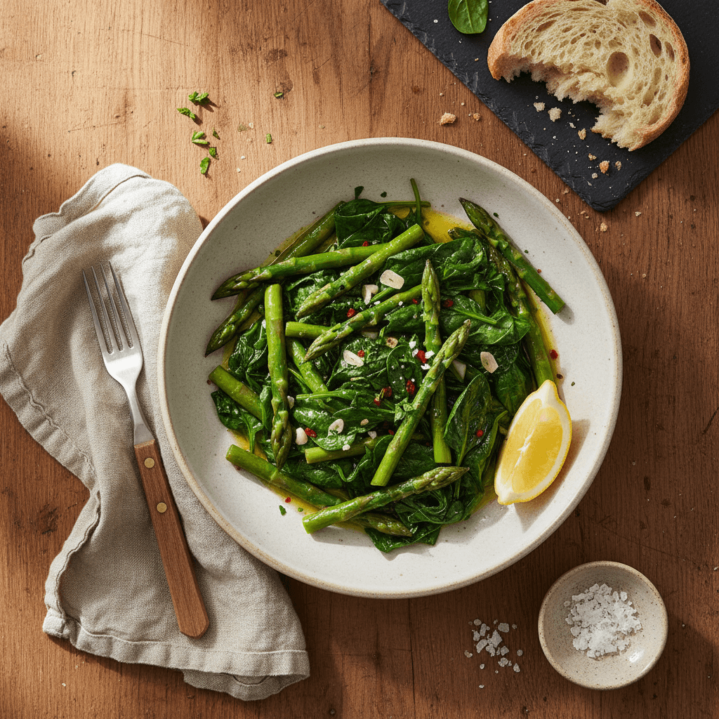 Poêlée asperges-épinards à l'ail et huile d'olive