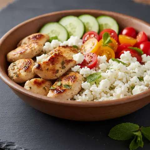Bowl grec au poulet, feta et concombre