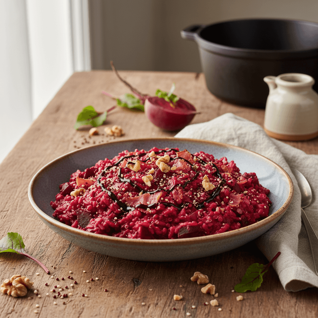 Kreatives Risotto mit Rote Bete, Schinken und Quinoa-Flocken
