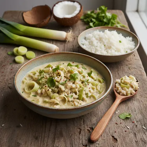Curry de Riz aux Poireaux et Crème de Noix de Coco