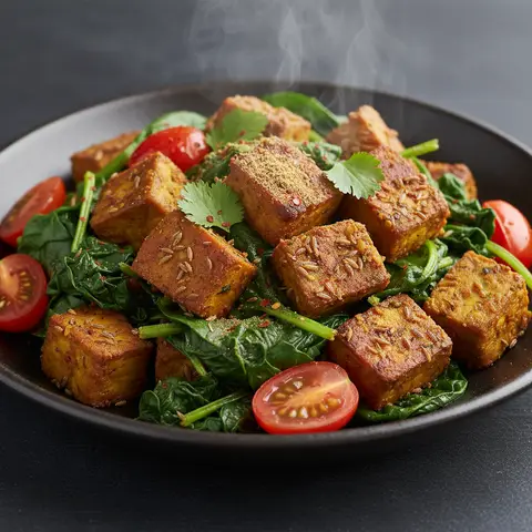 Sauté indien de tempeh aux épinards et cumin