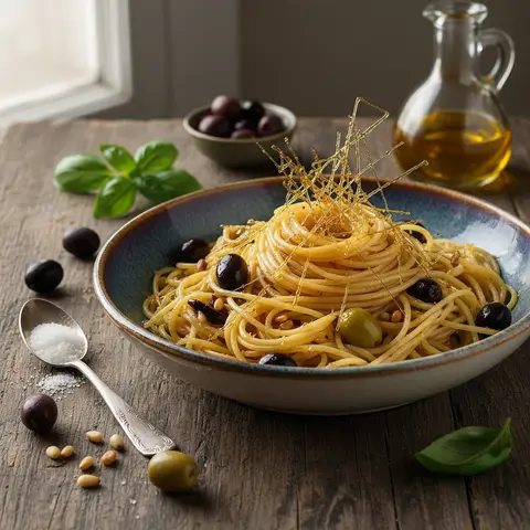 Spaghettis aux Olives et Sucre Caramélisé