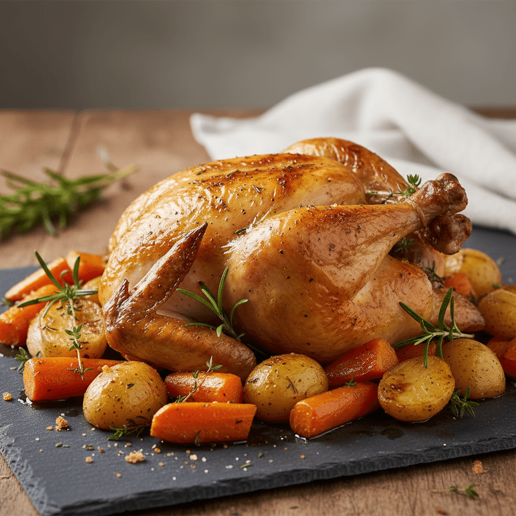 Gebratenes Hähnchen mit Karotten und Kartoffeln