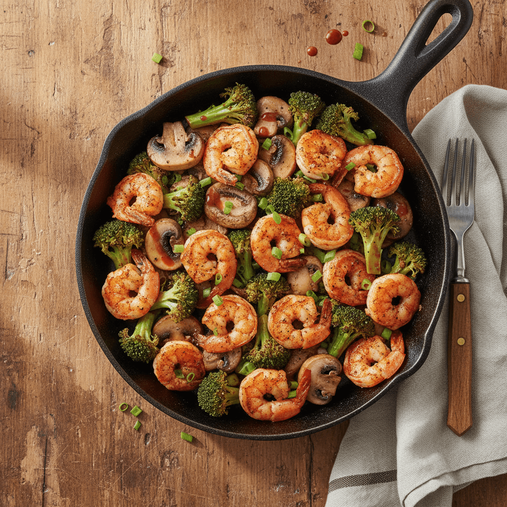 Crevettes cajun aux brocolis et champignons