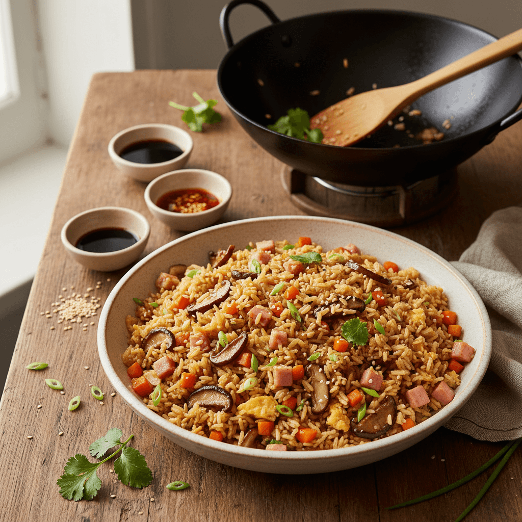 Gebratener Reis mit Gemüse und Schinken