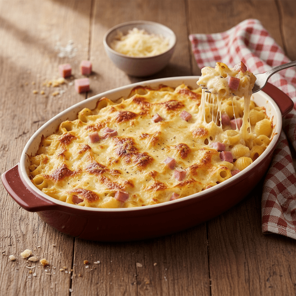 Muschelnudel-Auflauf mit Schinken und Gruyère