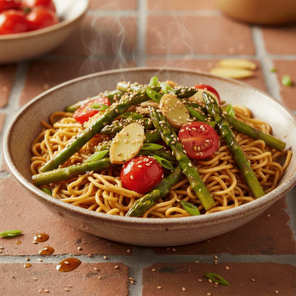 Stir-fry Asperges Tomate avec Nouilles (sauce soja-gingembre)