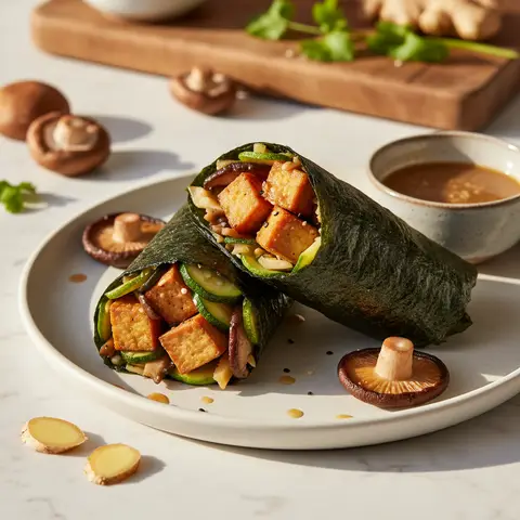 Wrap de nori au tofu croustillant et champignons shiitake