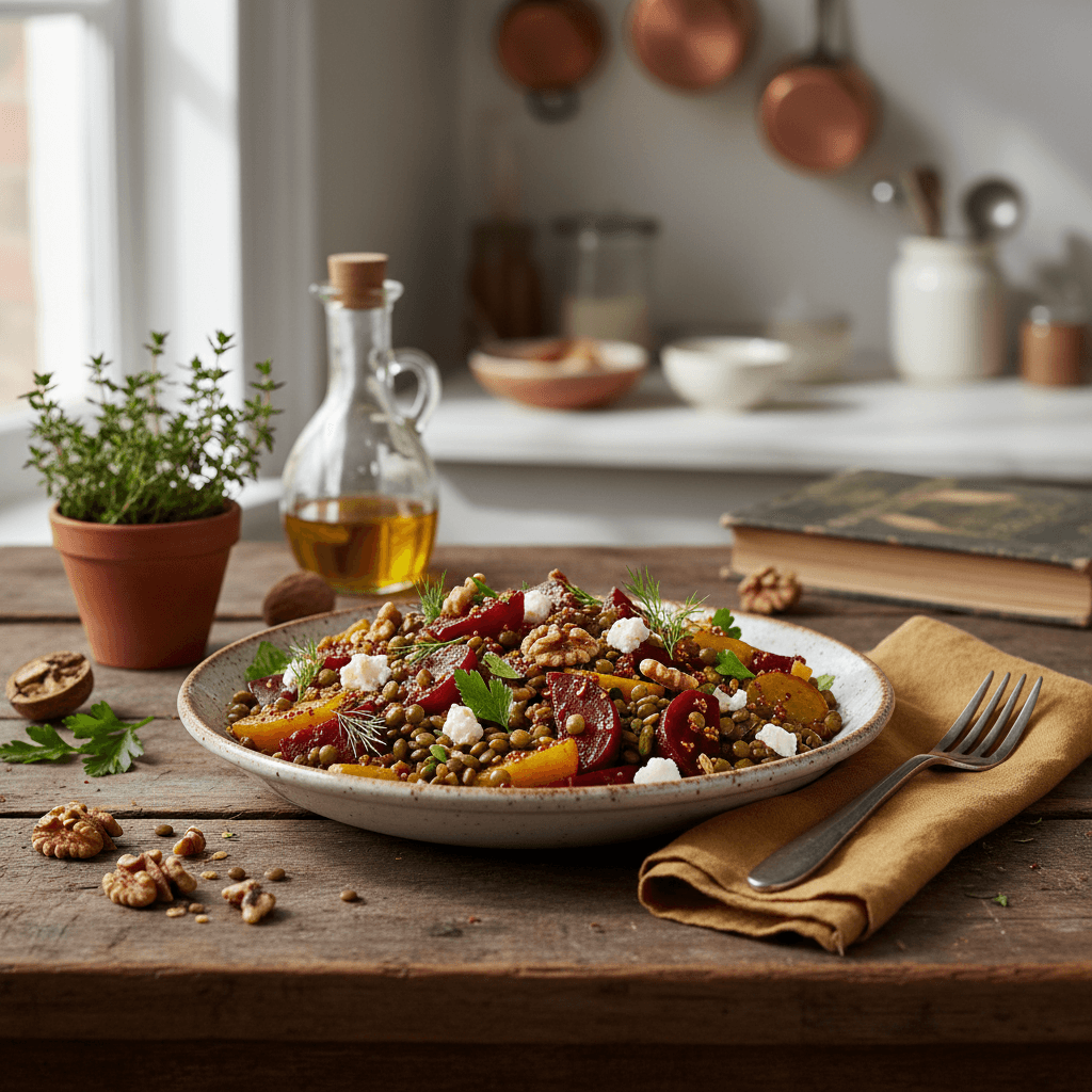 Warmer Rote-Bete-Linsen-Salat mit Nüssen