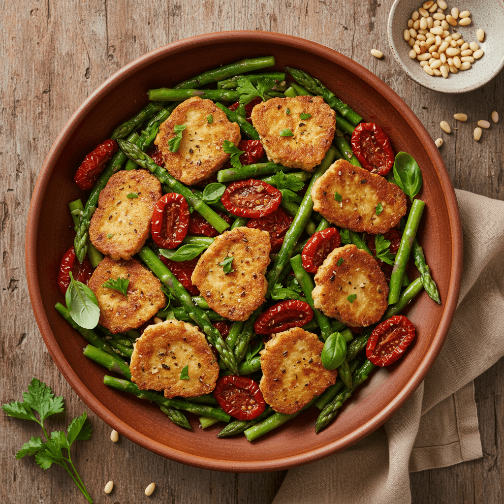 Poêlée de tempeh aux asperges et tomates séchées