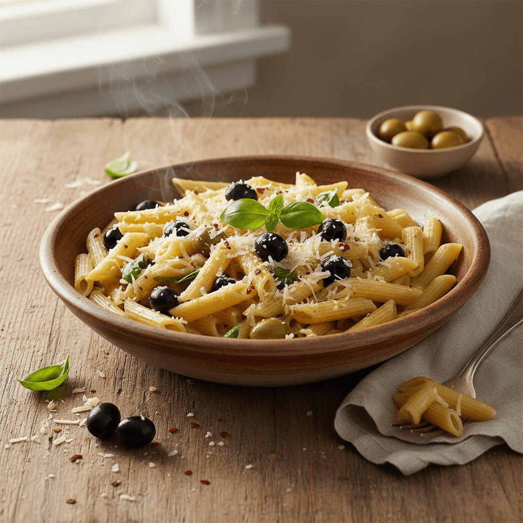 Penne mit Oliven und Gruyère