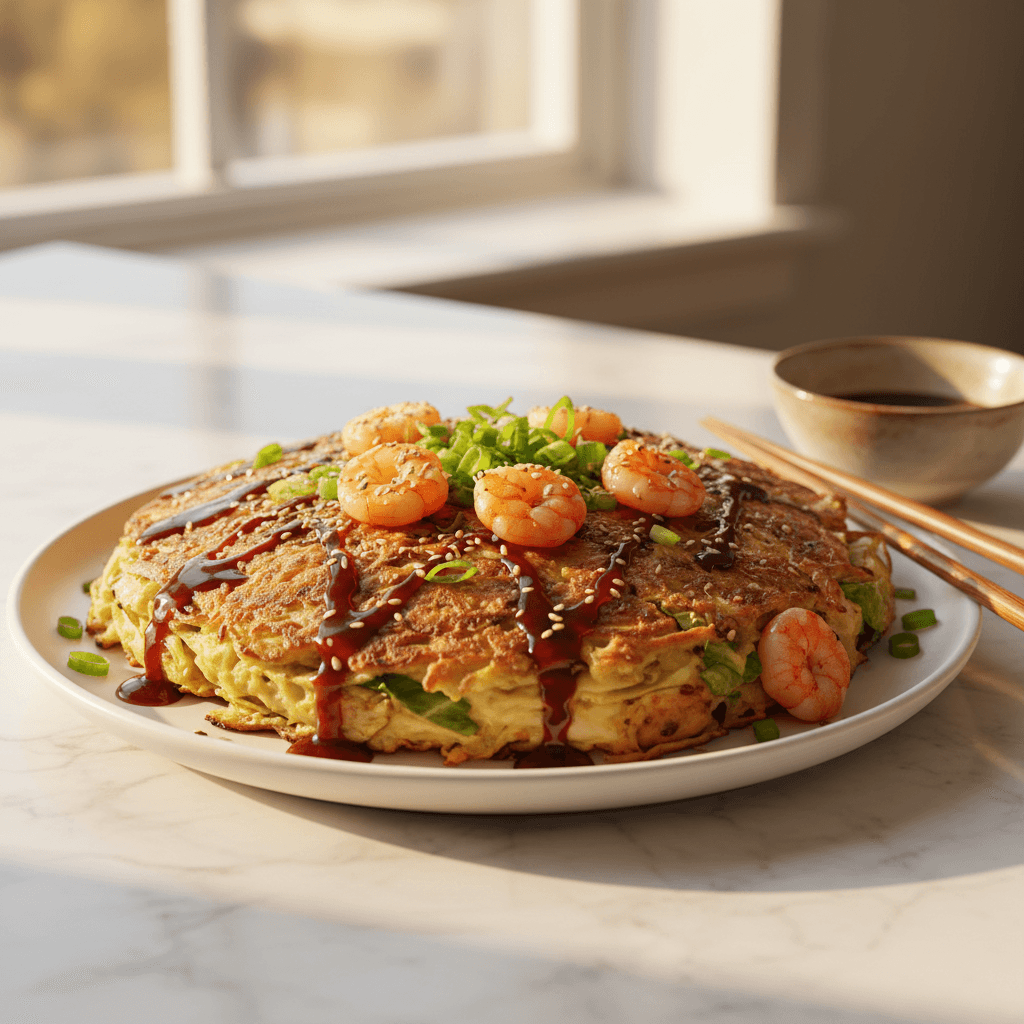 Okonomiyaki aux crevettes et chou