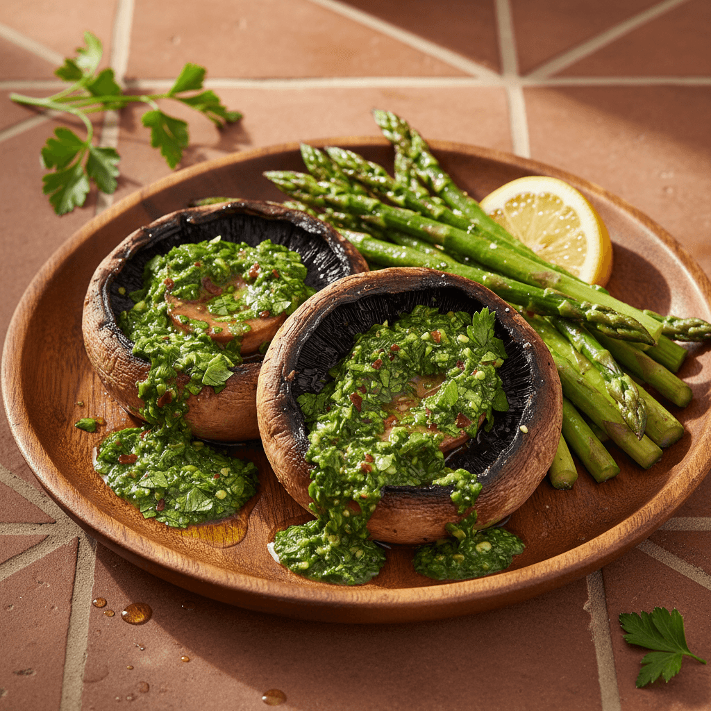 Portobello grillé chimichurri et asperges