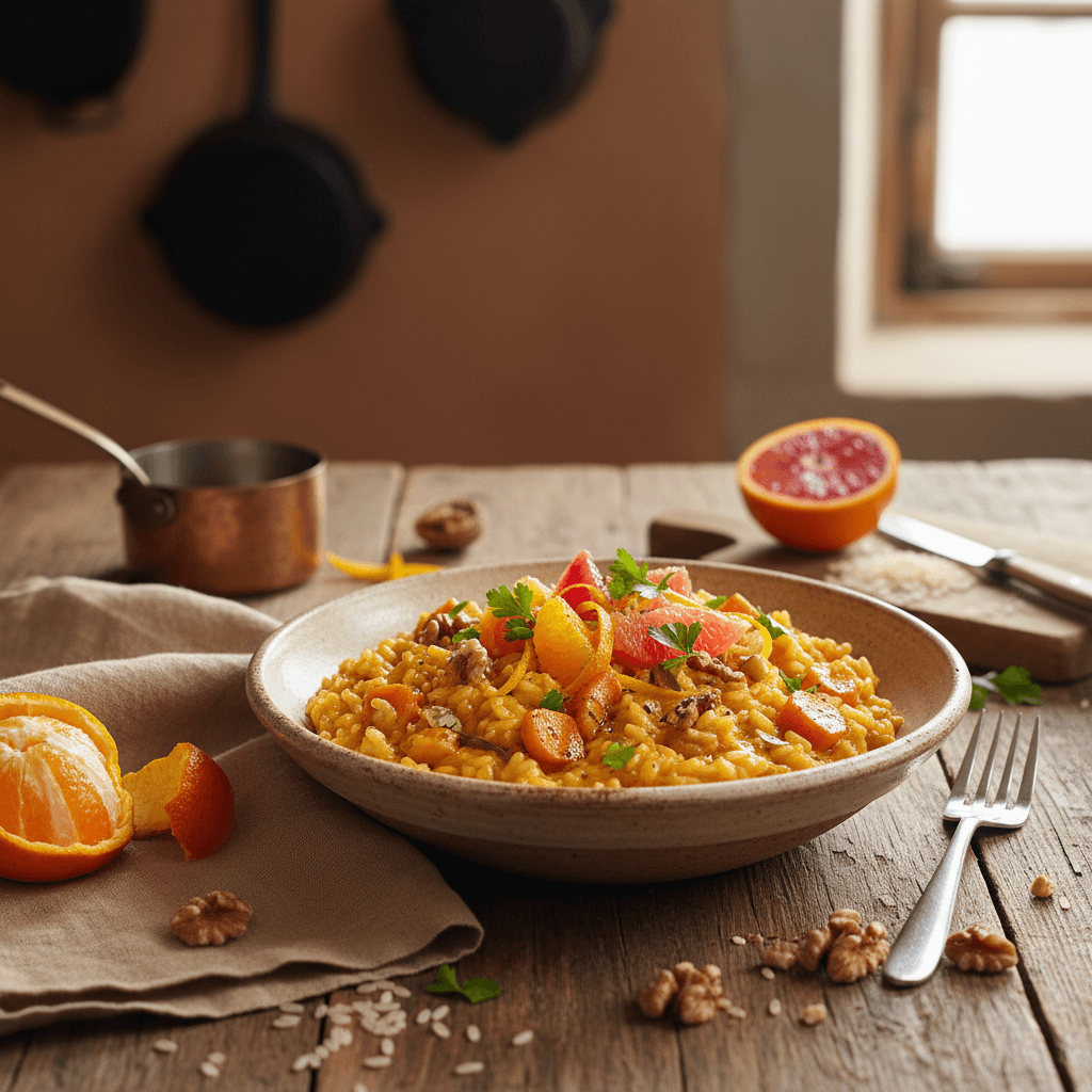Risotto mit Möhren, Nüssen und Zitrusfrüchten