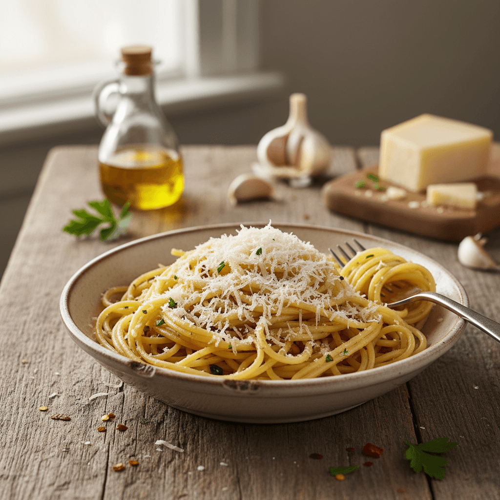 Spaghettis Aglio e Olio avec Gruyère