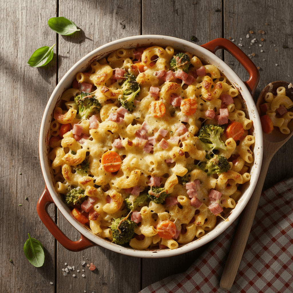Gratin de pâtes aux légumes et jambon