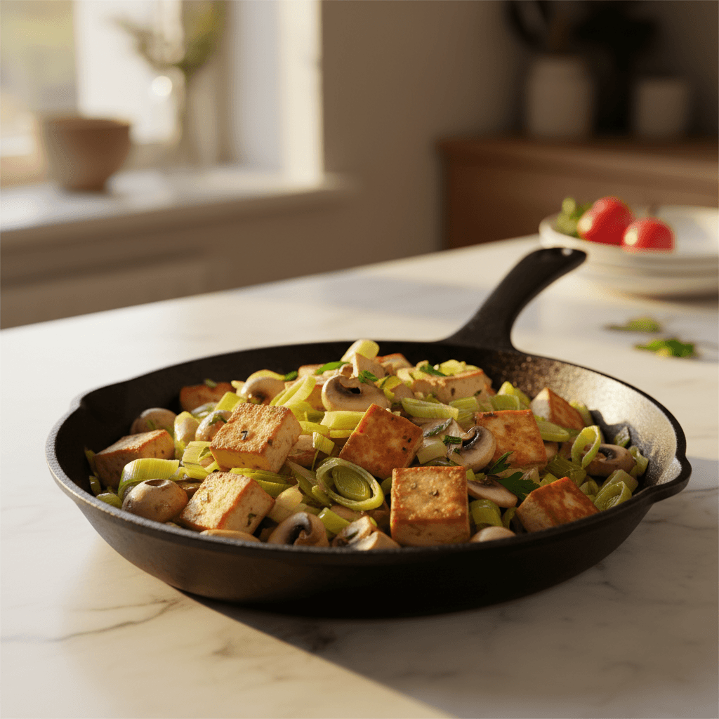 Poêlée de tofu fumé aux poireaux et champignons