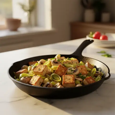 Poêlée de tofu fumé aux poireaux et champignons