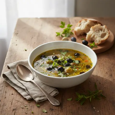 Soupe Simple aux Olives et Herbes