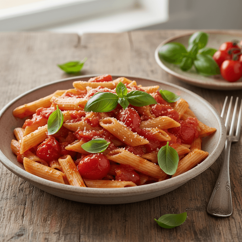 Penne mit Tomaten und frischem Basilikum