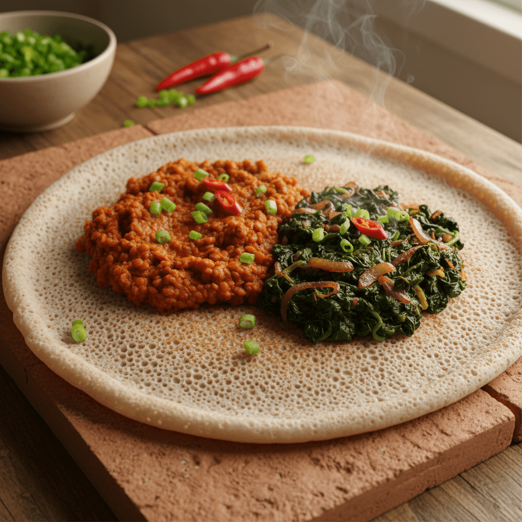 Injera aux Lentilles Rouges et Épinards