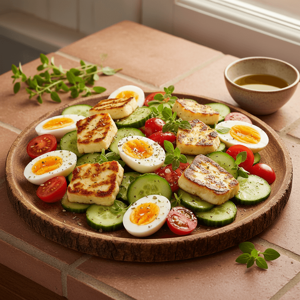 Salade grecque au halloumi grillé et œuf dur