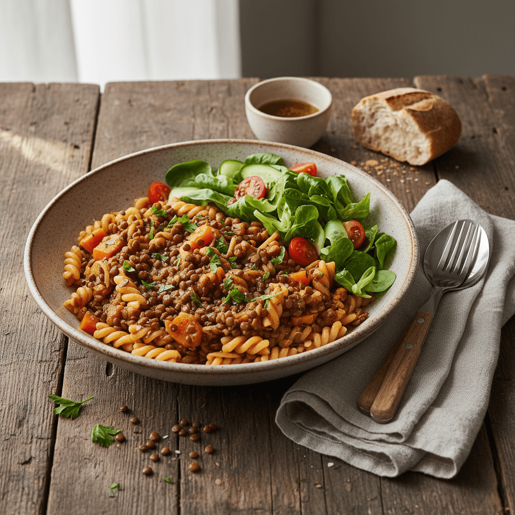 Pasta with Lentils and Salad