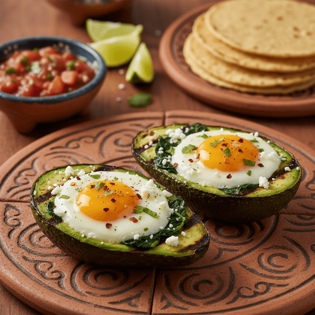 Oeufs grillés en coque d'avocat aux épinards et piment