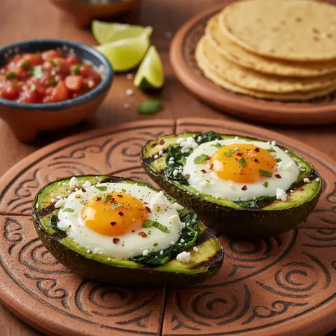 Oeufs grillés en coque d'avocat aux épinards et piment