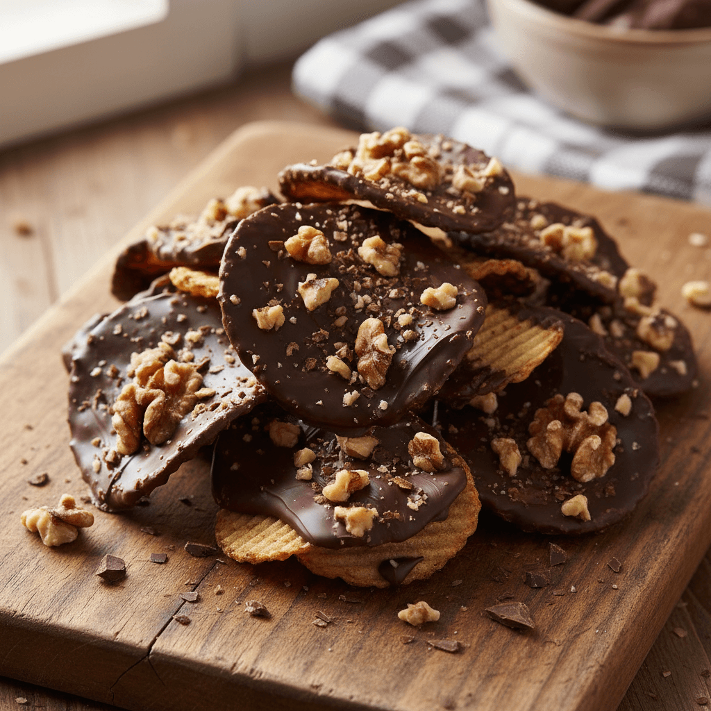 Kartoffelchips mit Schokolade und Nüssen