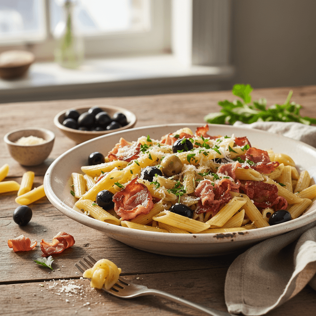Pasta with Olives and Crispy Ham