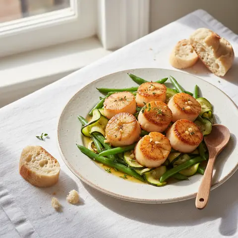 Saint-Jacques rôties au beurre d'ail et haricots verts