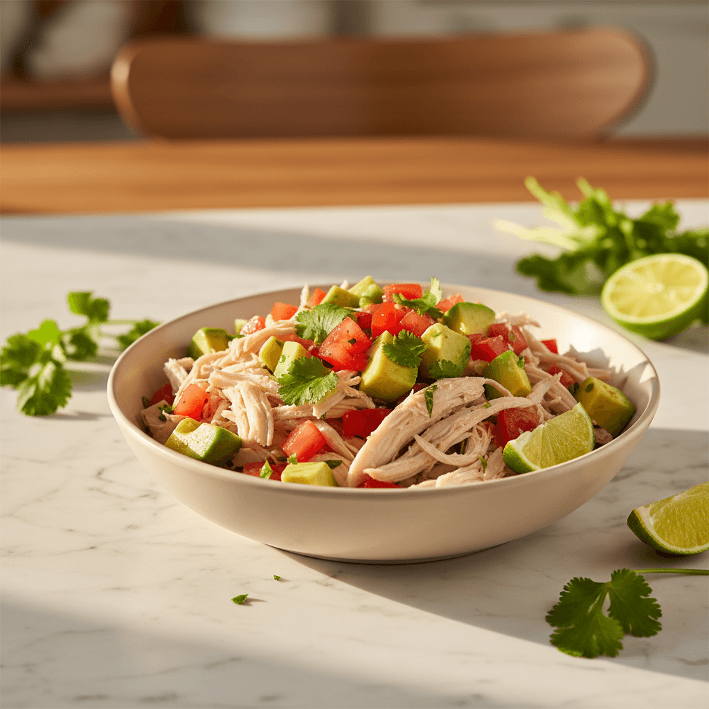 Poulet effiloché froid à la mexicaine et avocat