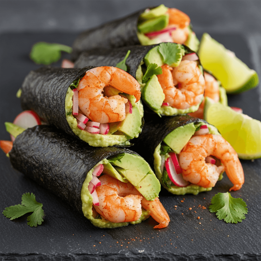 Wrap de nori aux crevettes épicées et avocat