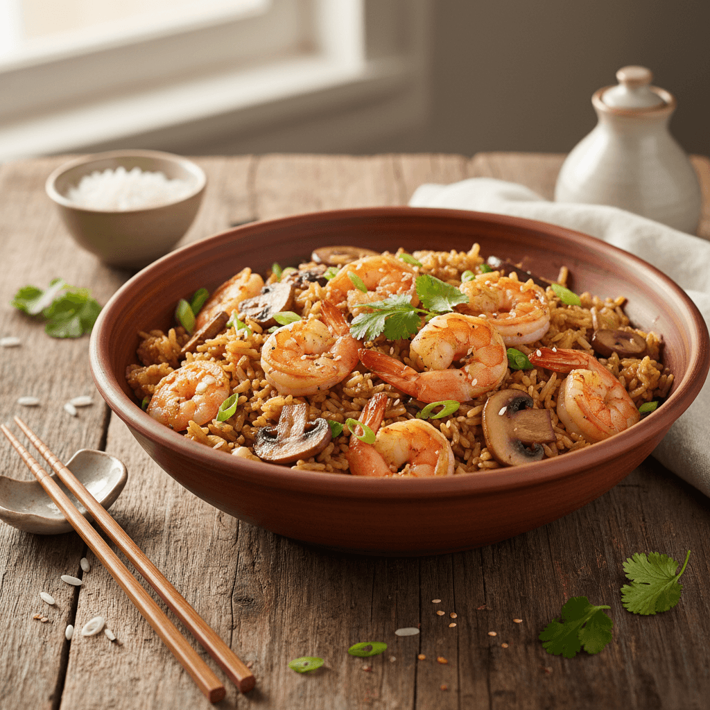 Riz sauté aux crevettes et champignons