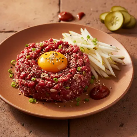 Yukhoe coreen au boeuf, poire asiatique et sesame