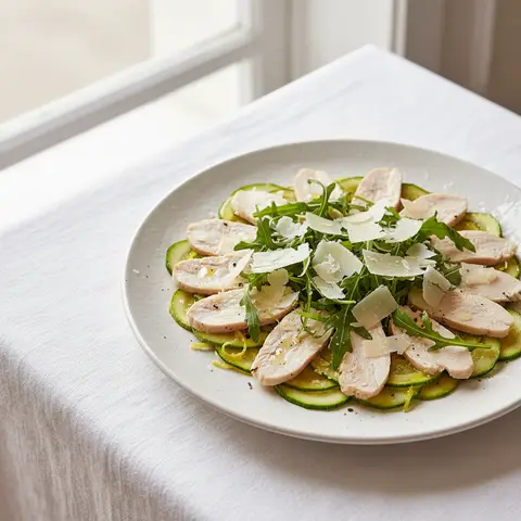 Carpaccio de poulet fumé aux courgettes marinées