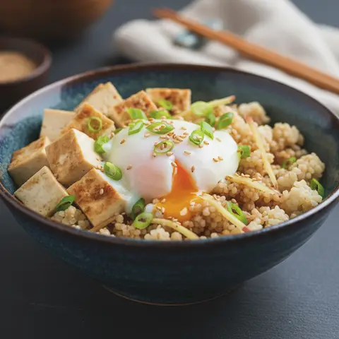 Bowl japonais aux œufs onsen et tofu sur chou-fleur