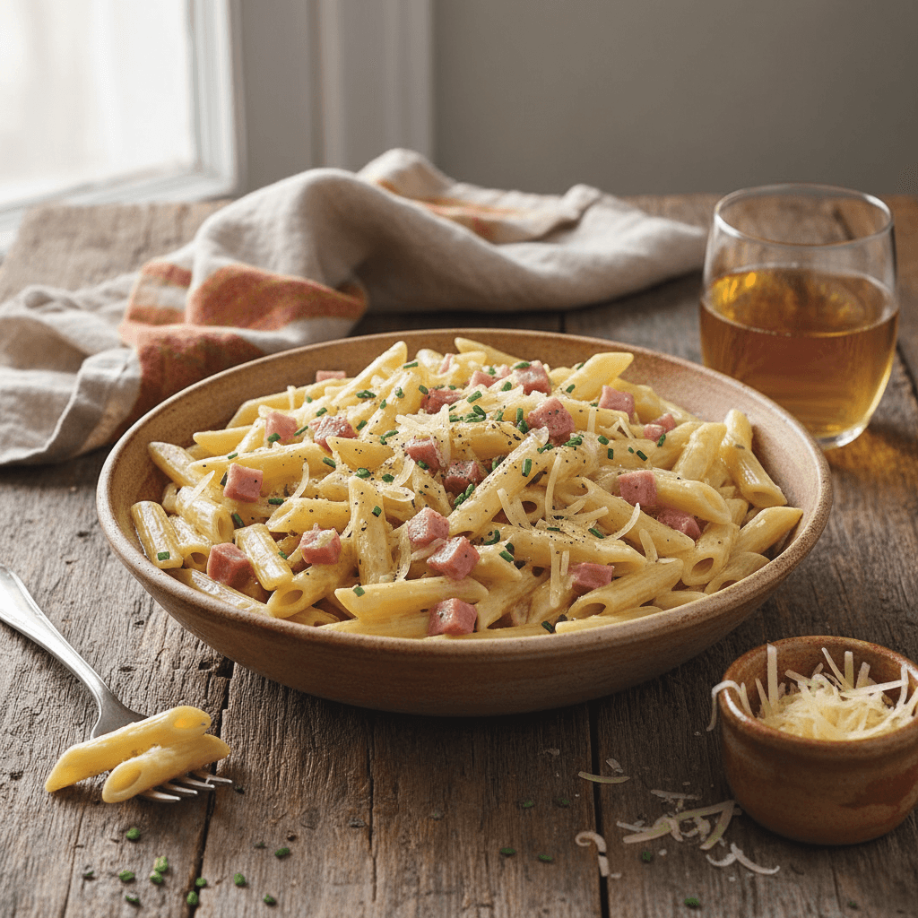 Penne mit Gruyère und Schinken