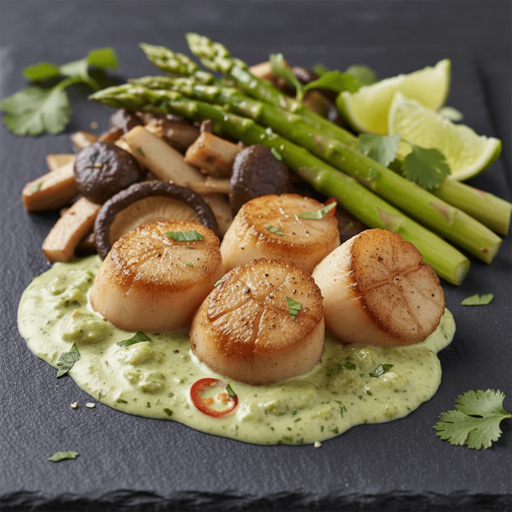 Saint-Jacques au curry vert et asperges