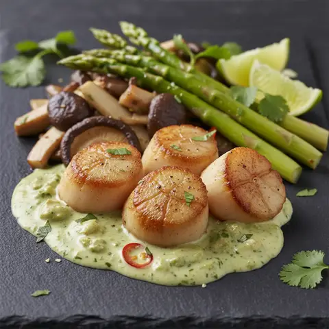 Saint-Jacques au curry vert et asperges