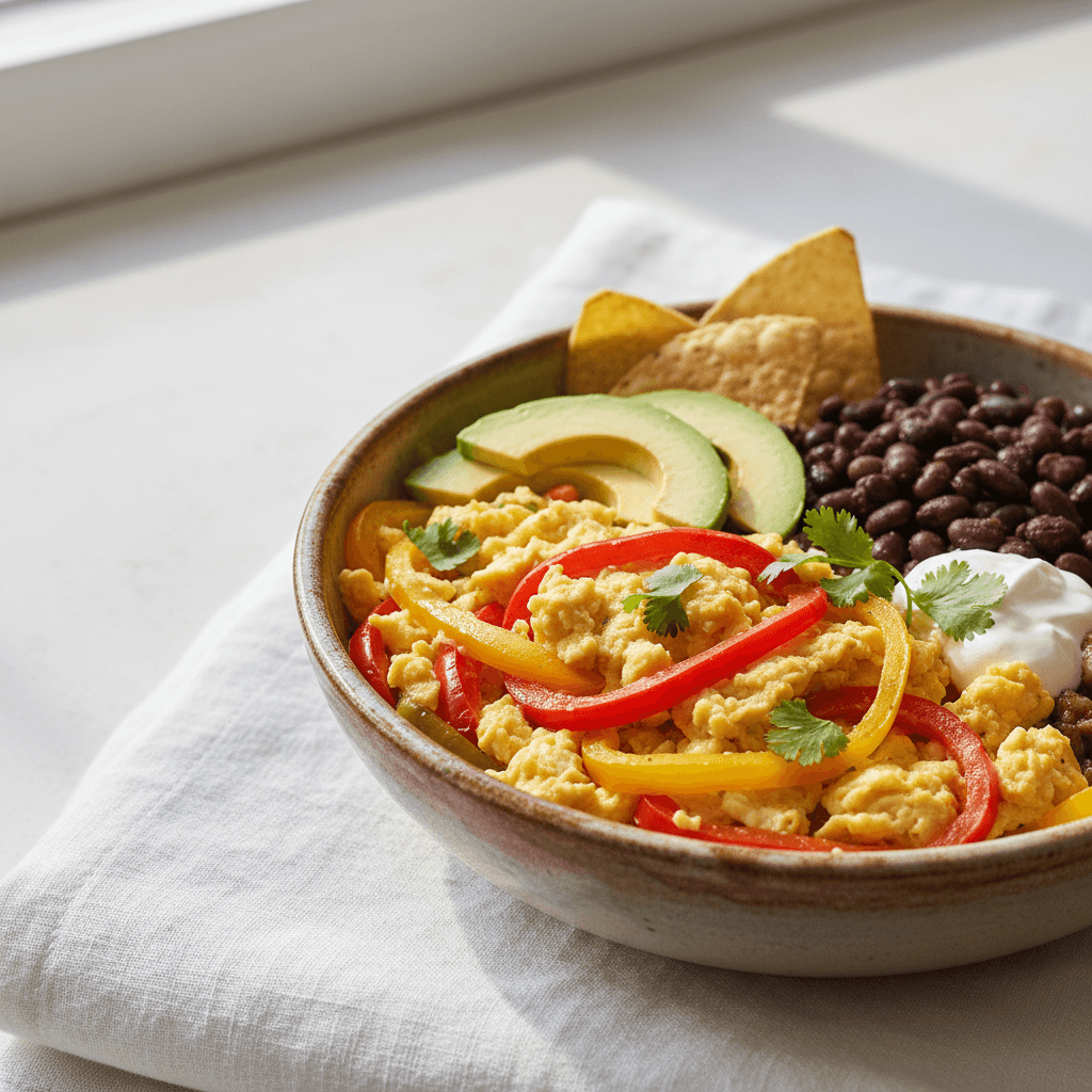 Bowl mexicain aux œufs brouillés et poivrons