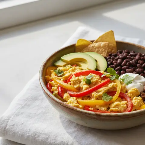 Bowl mexicain aux œufs brouillés et poivrons