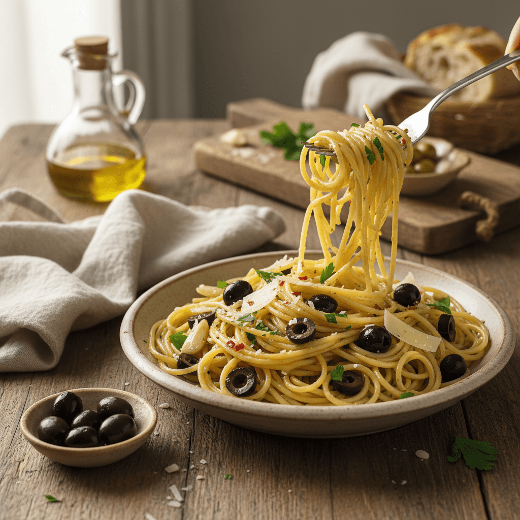 Spaghetti with Garlic and Mediterranean Olives