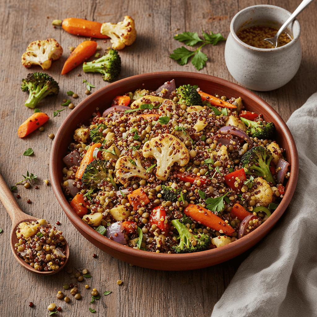 Warmer Quinoa-Linsen-Salat mit geröstetem Gemüse