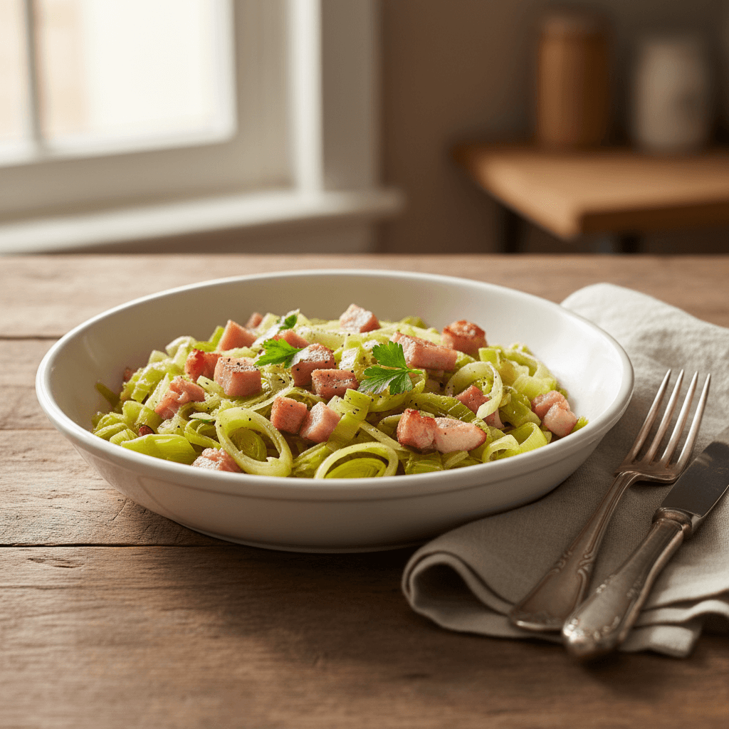 Schinken mit Lauch aus der Pfanne