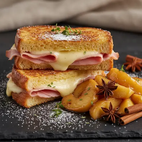 Pain perdu gourmand jambon-fromage et pomme caramélisée